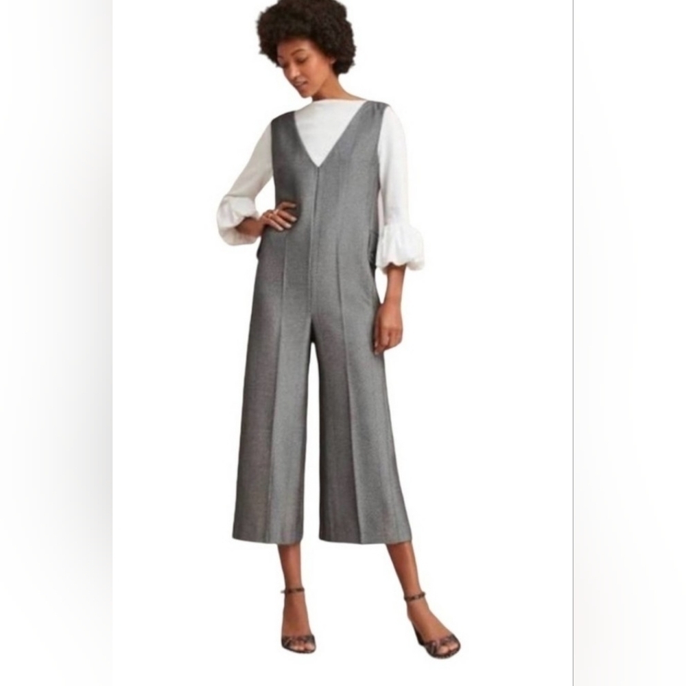 Anthropologie Cartonnier Oxford Herringbone Jumpsuit Wide Leg Cropped Size S..